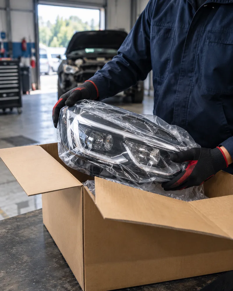 Carrocero desembalando un faro nuevo recibido en su caja