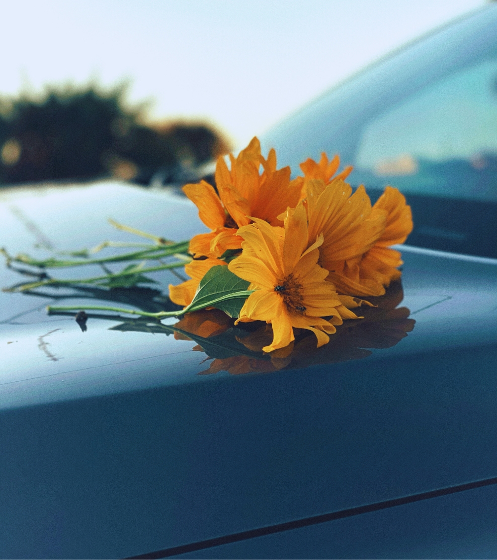 Primer plano de un elegante capó de coche con un ramo de flores